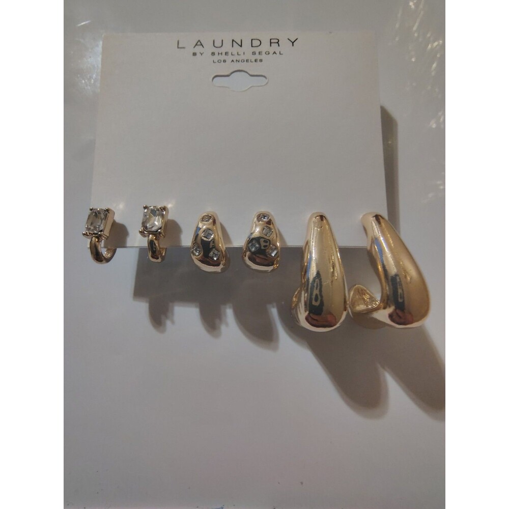 Laundry By Shelli Segal Gold Tone Stud Earring Set Crystal Hoops
